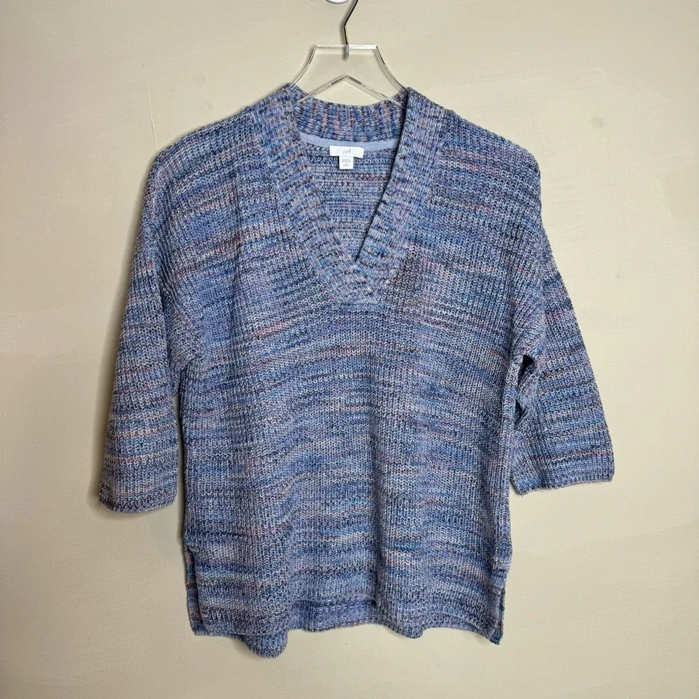 J Jill Easy Dropped Shoulder Sweater Blue Jasper Cotton V Neck 3/4 Sleeve